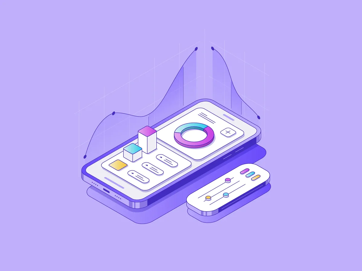 Isometric illustration of a phone showing an analytics dashboard